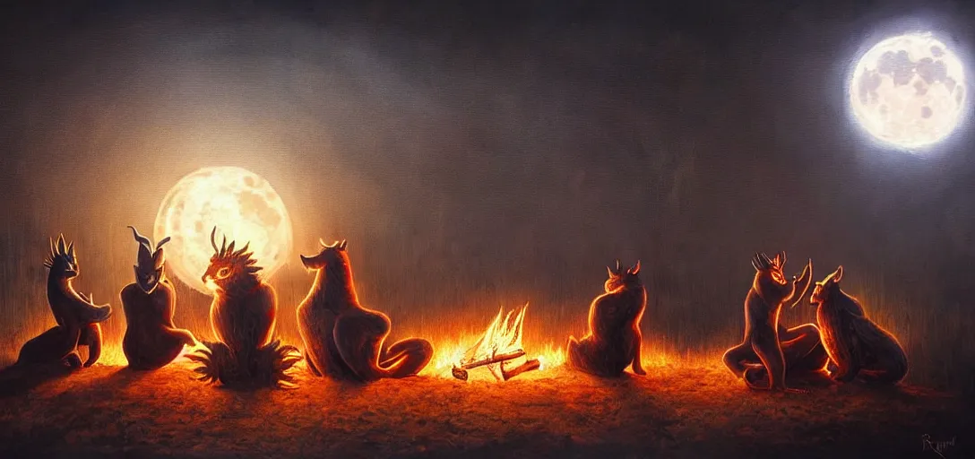 Image similar to strange mythical beasts of sitting around a fire under a full moon, surreal dark uncanny painting by ronny khalil