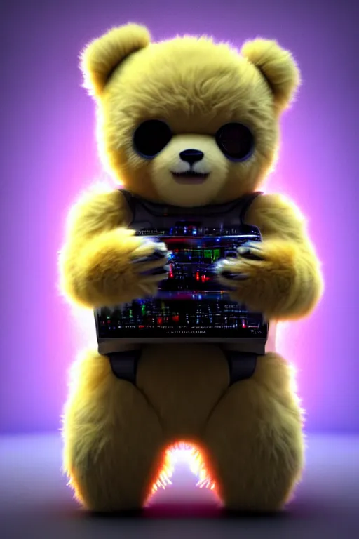 Image similar to high quality 3 d render very cute fluffy cyberpunk bear! plays electric guitar, cyberpunk highly detailed, unreal engine cinematic smooth, in the style of blade runner & detective pikachu, hannah yata charlie immer, moody light, low angle, uhd 8 k, sharp focus