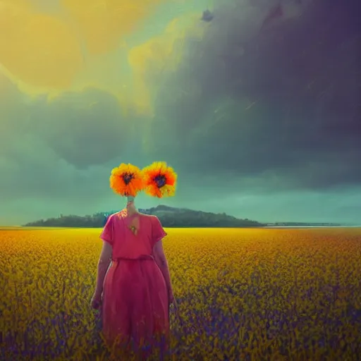 Image similar to girl with a singular flower for a head, surreal photography, dream, standing in flower field, magical, in a valley, sunrise dramatic light, impressionist painting, colorful clouds, artstation, simon stalenhag, flower face