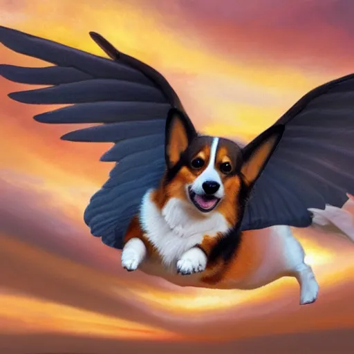 Image similar to a corgi with wings, flapping its wings flying in sunset sky, oil on canvas, portrait, intricate, 8k highly professionally detailed, HDR, CGsociety