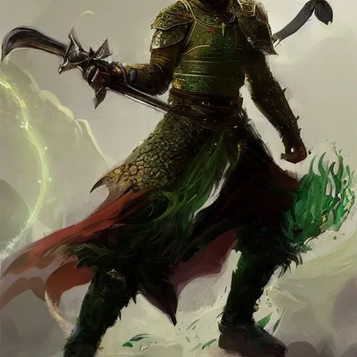 Prompt: A portrait of a fighter with short hazel hair and a beard, dual wielding two magical swords, wearing green dragon armor and a cloak made of cheetah, fantasy, digital art by Ruan Jia, Donglu Yu