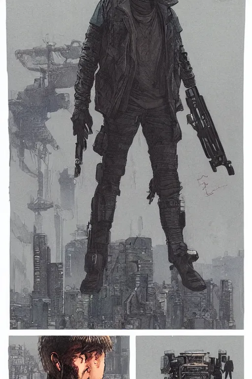 Image similar to Ezra. Blade runner 2049 mercenary. concept art by James Gurney and Mœbius.