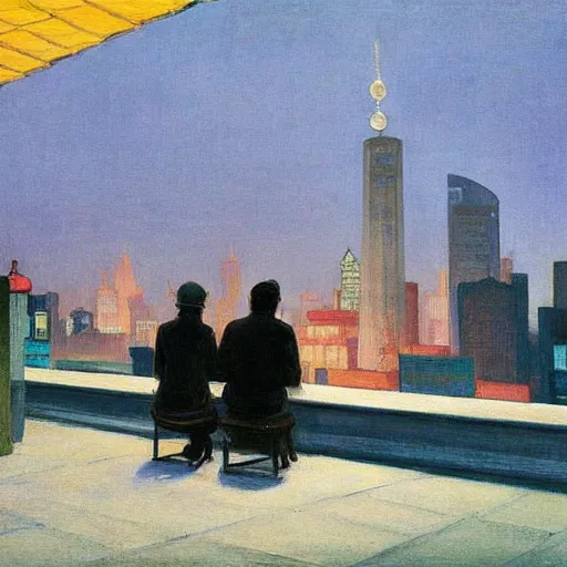 Image similar to a small rooftop with a couple of people sitting and watching the view, modern shanghai bund is on the background, night, by edward hopper, by gregory crewdson