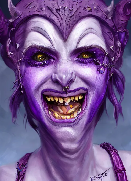 Prompt: purple skin, Tiefling Pirate, laughing, beautiful detailed eyes, cute, fantasy, intricate, elegant, highly detailed, digital painting, 4k, HDR, concept art, detailed jewelry, smooth, sharp focus, illustration, by Douglas Shuler
