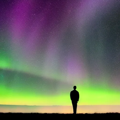 Image similar to 4K Epic Ultra HD detailed award-winning wallpaper silhouette of lonely man holding a bright flashlight looking at huge vast sky universe Milky Way aurora