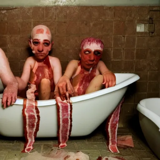 Image similar to characters from gummo sitting in a dirty bath tub with bacon taped to the wall