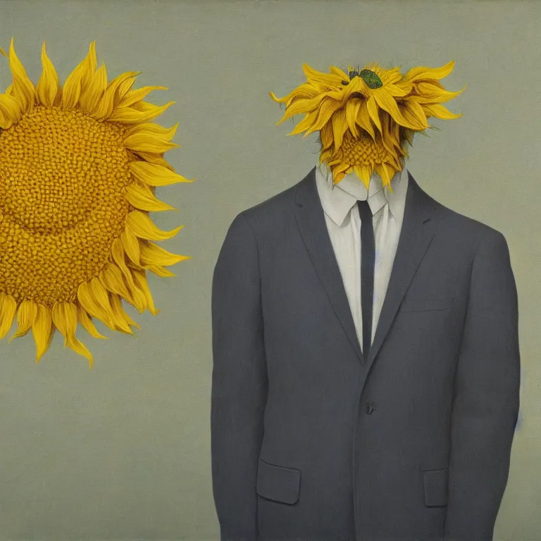 Image similar to portrait of a faceless sunflower - head man in a suit by rene magritte, detailed painting, distance, centered, hd, hq, high resolution, high detail, 4 k, 8 k