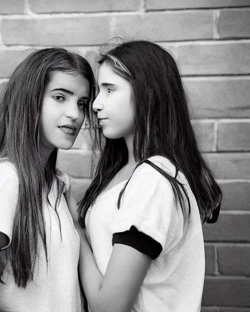 Prompt: black and white photo, two teenage girls stand against a wall, staring lovingly into each other's eyes, about to kiss, cdx