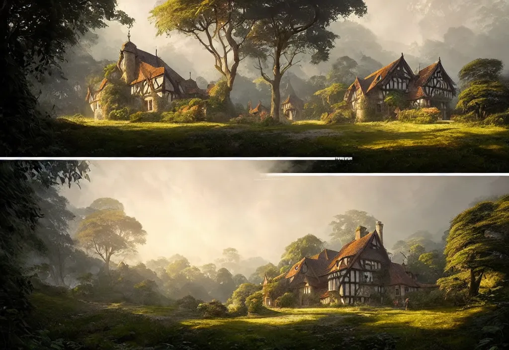 Image similar to a tudor house on a hillside surrounded by jungle with a gravel path leading towards it, blue sky, cinematic view, detailed architecture, concept art, high detail, well lit, volumetric, godrays, vivid, trending on artstation, by jordan grimmer, art greg rutkowski