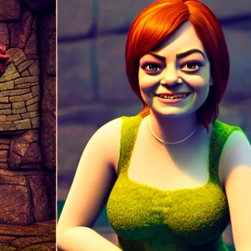 Image similar to Emma Stone as a female Shrek, Shrek features, fully detailed, high quality , 4k , octane render , soft lightening , masterpiece