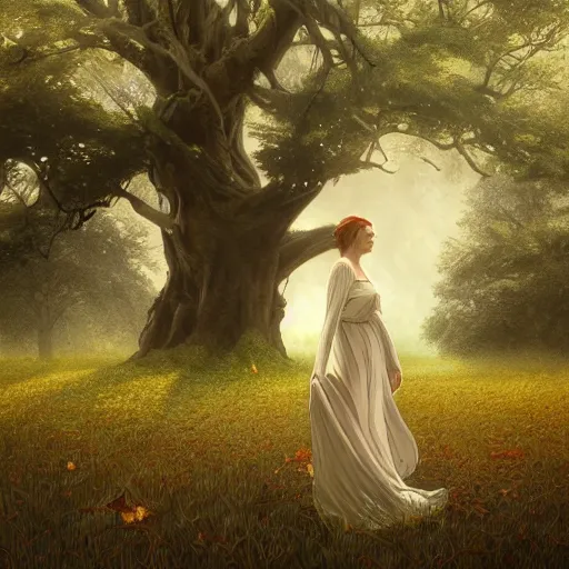 Image similar to a big tree in a meadow with white leaves and some leaves falling retro digital painting, artstation, concept art, soft light, hdri, smooth, sharp focus, illustration, fantasy, intricate, elegant, highly detailed, D&D, matte painting, in the style of Greg Rutkowski and Alphonse Mucha and artemisia, 8k, highly detailed, jurgens, rutkowski, bouguereau, pastoral, rustic, georgic