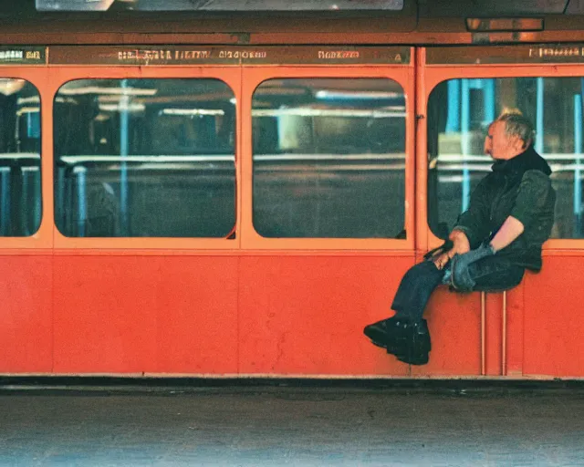 Image similar to a lomographic photo of russian lone man sitting in bus station at early evening in small town, cinestill, bokeh