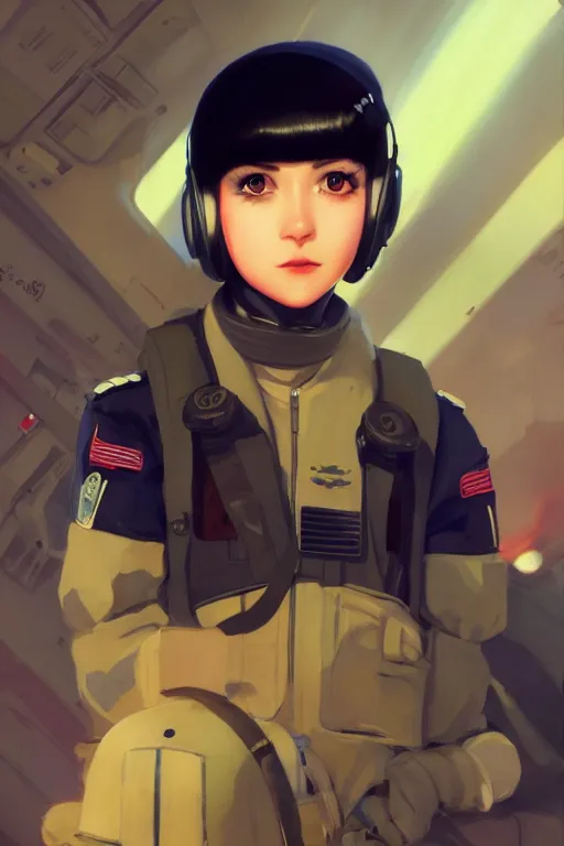 Prompt: a portrait of a cute young female bomber pilot with black bob cut hair, sci-fi setting, vivid colors, soft lighting, atmospheric, cinematic, moody, in the style of Ilya Kuvshinov and Range Murata, Krenz Cushart, oil on canvas, 8k