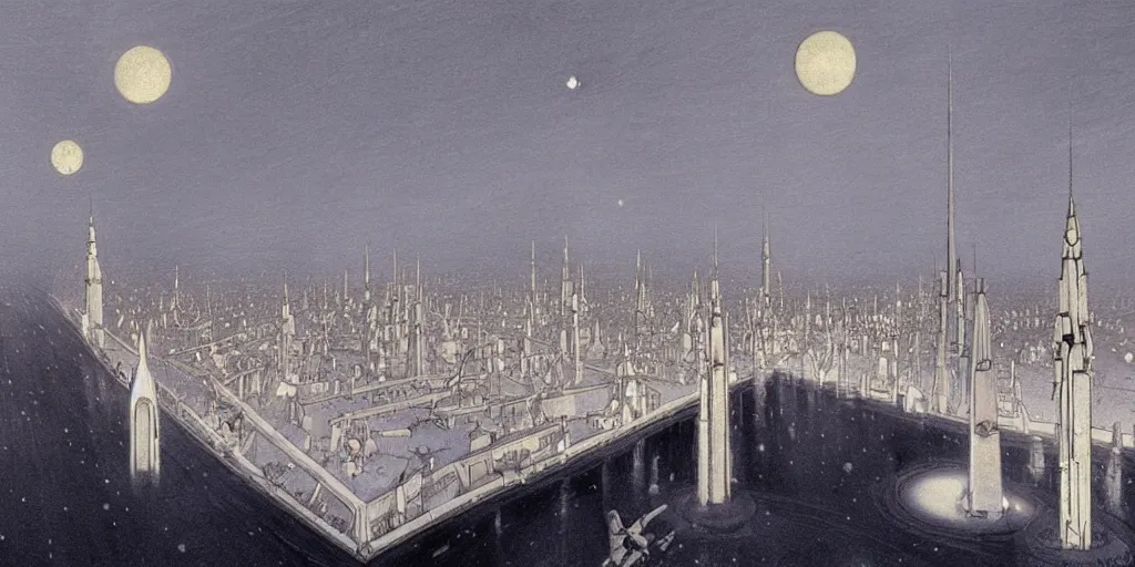 Prompt: a sprawling white fantastical city on the edge of a black hole, painted by francois schuiten and moebius and vilhelm hammershøi