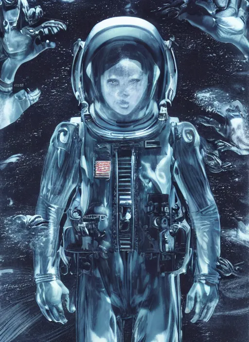 Image similar to astronauts in dark and empty void underwater - complex and hyperdetailed technical suit. reflection and dispersion materials. rays and dispersion of light. volumetric light. 5 0 mm, f / 3 2. noise film photo. flash photography. ultra realistic, wide angle. poster by wayne barlowe, hajime sorayama aaron horkey, craig mullins