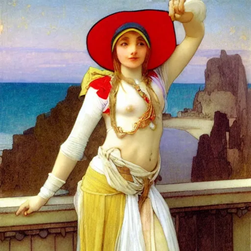 Image similar to A girl with jester hat and clothes on the front of a Balustrade with a beach on the background, major arcana clothes, by paul delaroche, alphonse mucha and arnold böcklin arnold böcklin hyperrealistic 8k, very detailed