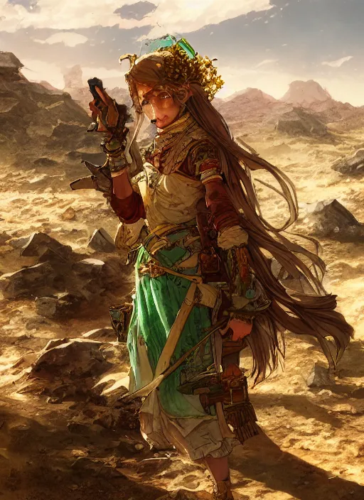 Prompt: the emerald herald in the desert, hidari, color page, tankoban, 4K, tone mapping, Akihiko Yoshida. Trending on artstation 4k. Highly detailed. Digital art.