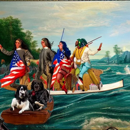 Image similar to Snoop Dogg crossing the Delaware, oil on canvas