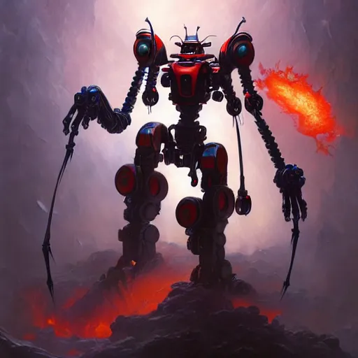 Image similar to beautiful oil painting with high detail of a mech spider robot from dungeons and dragons and art direction by James Cameron ;by artgerm; wayne reynolds art station; cinematic quality character action render; ultra high quality model; production quality cinema model; flaming plasma aesthetic