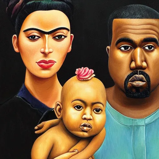 Image similar to A painting of Kanye West and Kim Kardashian by Frida Kahlo, detailed, oil painting, cohesive