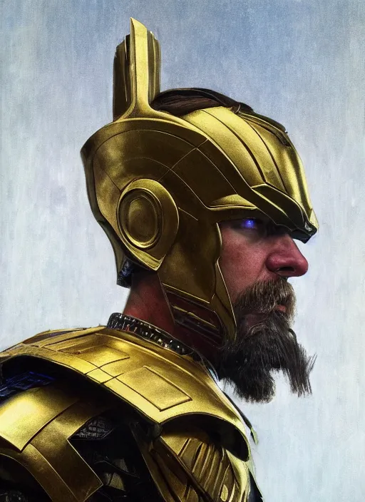 Image similar to Gavin Mcinnes in a battle suit, starring in Thor Ragnarok film, gold suit, sigma male, accurately portrayed, portrait art by alphonse mucha and greg rutkowski, highly detailed, digital painting, concept art, illustration, dim lighting with twilight rays of sunlight, trending on artstation, very detailed, smooth, sharp focus, octane render, close up