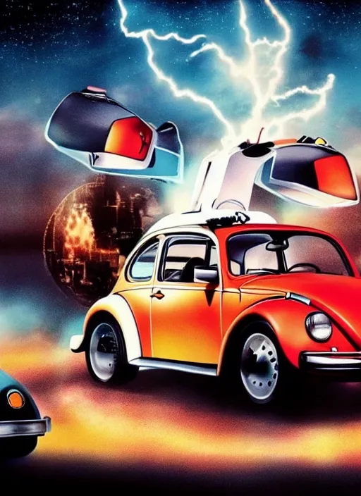 Image similar to back to the future with a volkswagen beetle, movie poster, epic lighting, eighties, sci - fi, artistic