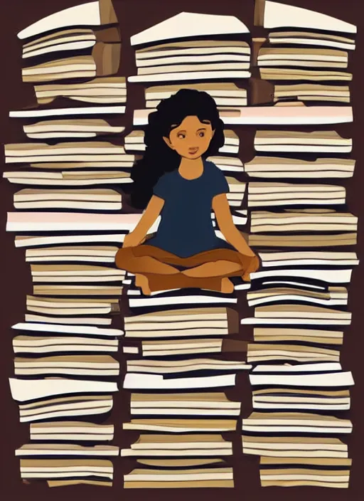 Image similar to a little girl with curly brown hair sits cross legged on top of a tall pile of books. she is reading. clean pretty cartoon painting, cel shaded, minimal outlines, beautiful detailed face.