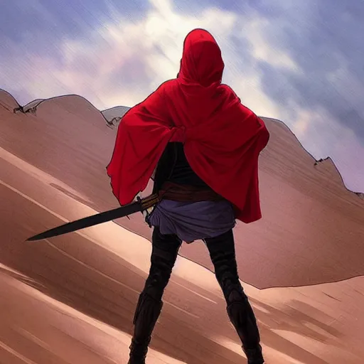 Prompt: view from the back warrior holding two swords, full body worn out torn cape, red hoodie, worn out clothes, floating spiral sand, desert, full body shot, anime style, 90's modern art, art by artgerm and greg rutkowski and alphonse mucha