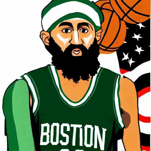 Image similar to facial portrait of osama bin laden shooting free throws, boston celtics jersey, wearing a headband, sweating, focused