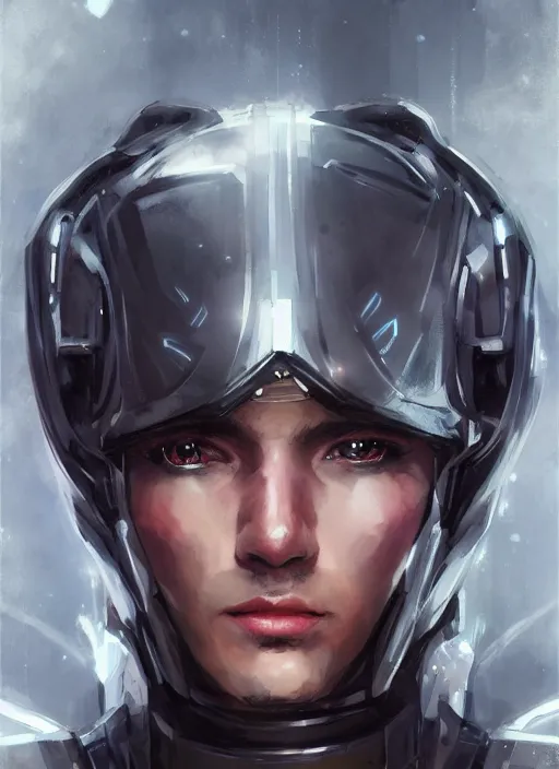 Image similar to portrait of handsome guy in cyber armor, dreamy and ethereal, expressive pose, black eyes, exciting expression, fantasy, intricate, elegant, many lightning, cold color, highly detailed, digital painting, artstation, concept art, cyberpunk wearing, smooth, sharp focus, led, illustration.