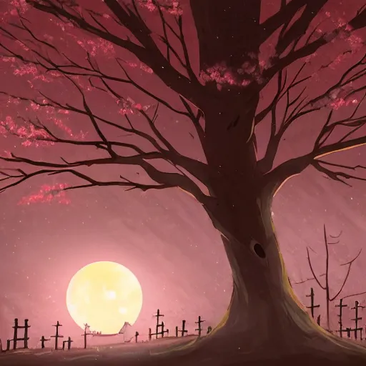 Image similar to a lonely graveyard at night, the moon shine is falling on a specific grave with a sakura tree beneath it, its raining and the atmosphere is oppressive, by aleksandra waliszewska and aoi ogata, high detail concept art, cinematic atmosphere
