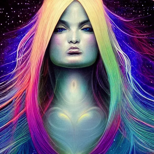 Image similar to a portrait of kim petras with her eyes closed, galaxy colored psychedelic chakra awakening kundalini ethereal vibes, transcending to a higher plane of existence, eternal blessing, multiverse, by android jones, by ben ridgeway, visionary art, by artgerm, featured on artstation, cgsociety, by greg rutkowski