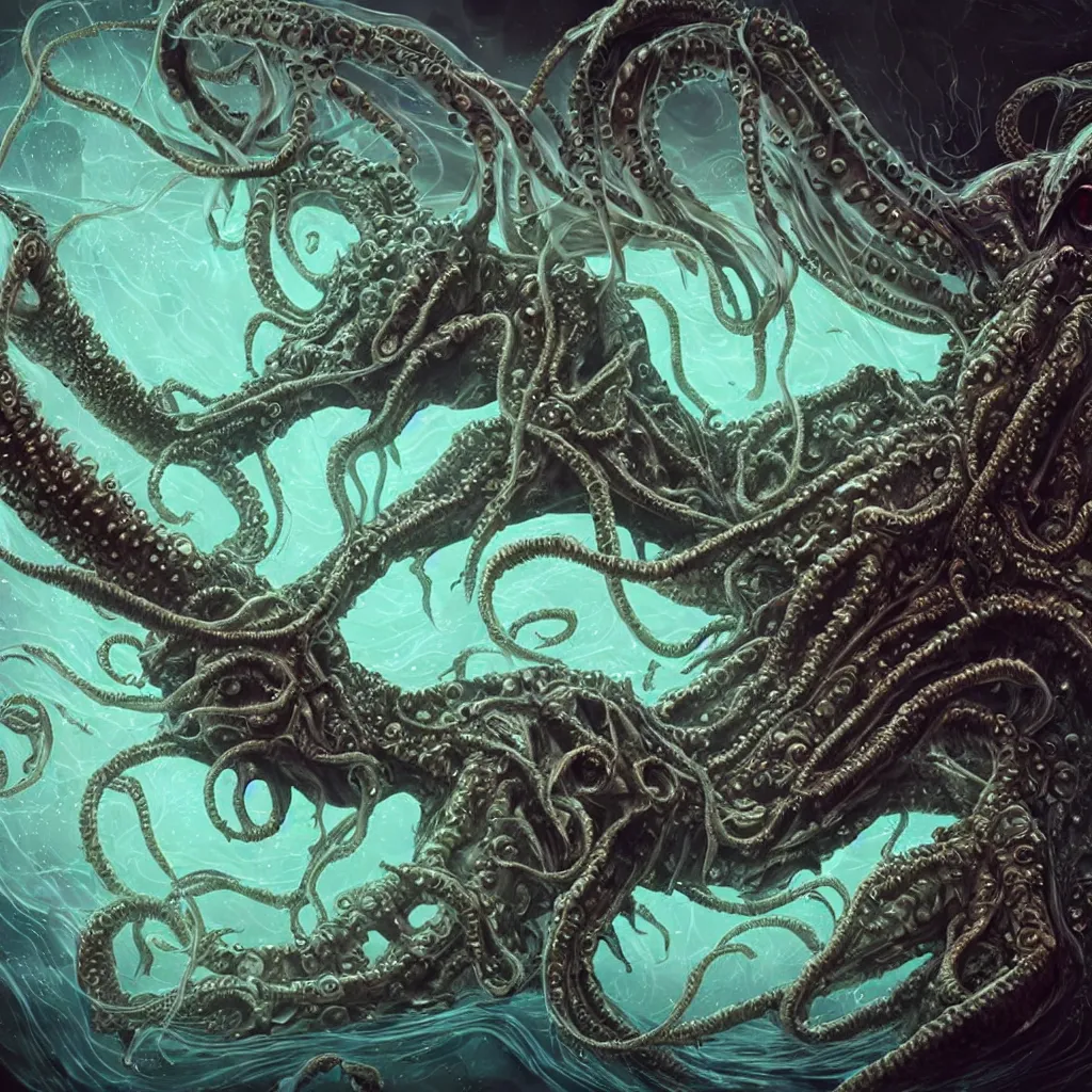 Image similar to close-up macro portrait of a Cthulhu and other fantastical sea creatures, epic angle and pose, ribcage bones symmetrical artwork, 3d with depth of field, blurred background, cybernetic jellyfish female face skull phoenix bird, translucent, nautilus, energy flows of water and fire. a highly detailed epic cinematic concept art CG render. made in Maya, Blender and Photoshop, octane render, excellent composition, cinematic dystopian brutalist atmosphere, dynamic dramatic cinematic lighting, aesthetic, very inspirational, arthouse. Greg Rutkowski, Ilya Kuvshinov, WLOP, Stanley Artgerm Lau, Ruan Jia and Fenghua Zhong