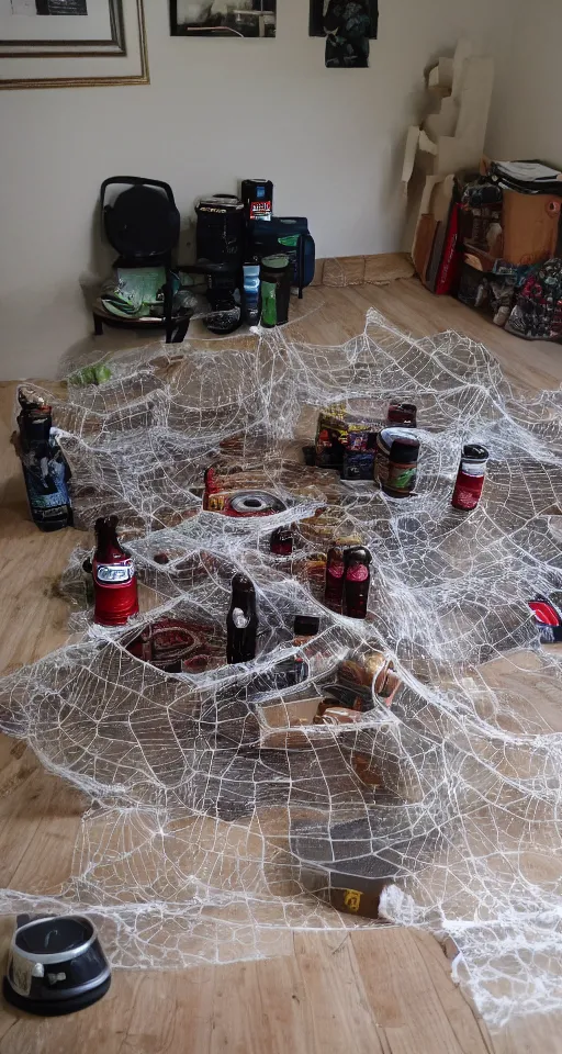 Image similar to home for eight legged lads, unfurnished house, spiderwebs, beer cans, blanket and vape on floor