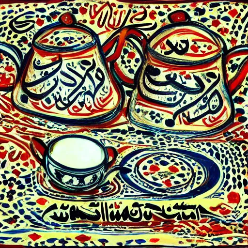 Image similar to Arabic calligraphy, Moroccan tea set, painting by jackson pollock