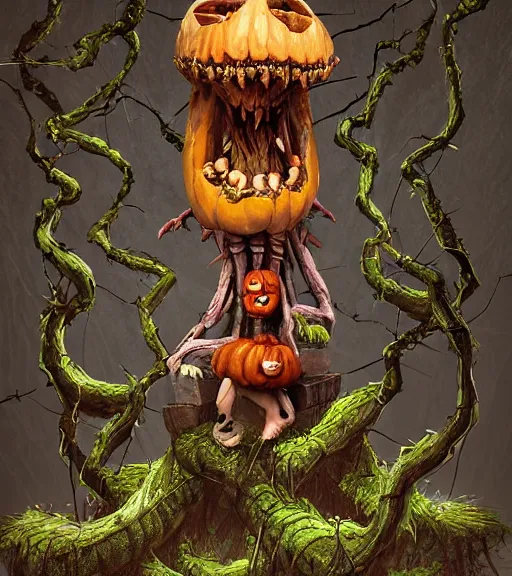 Prompt: a horrifying monster with a pumpkin head wearing a king's robe, limbs made from vines, by tim burton, sitting on a stone throne, detailed game art illustration, creepy carved expression, creepy lighting, dynamic pose, 4 k artstation, masterpiece