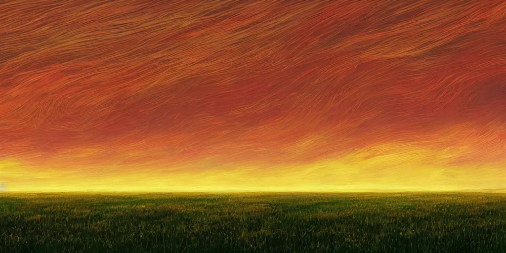 Prompt: empty grass land for miles in every direction s small walks in the distance on the horizon swirling storm clouds in the distant sky at beautiful sunset, rule of thirds, hyper detailed, digital art, thick swirling brush strokes, insane complexity, trending on artstation, red and yellow, epic, beautiful