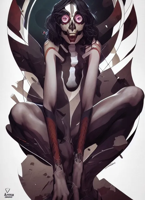 Image similar to artgerm, joshua middleton comic cover art by aigoworld, triangular skeletal calcium fungus lich, full body, symmetrical eyes, symmetrical face, long curly black hair, cyborg, warm colors