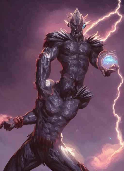 Prompt: a highly detailed illustration of short fade hair african god of lightning, evil summoning lightning from hands pose, moonlit clouds background, muscular, intricate, elegant, highly detailed, centered, digital painting, artstation, concept art, smooth, sharp focus, league of legends concept art, WLOP