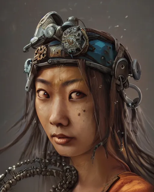 Image similar to hyper realistic portrait of postapocalyptic asian death cult monk girl sword and shield, beads, gears, machineparts, cinematic, artstation, cgsociety, pascal blanche