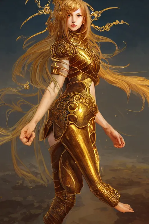 Image similar to portrait knights of zodiac girl, golden and copper shining armor, karate pose, in ruined agora of athens sunrise, ssci - fi and fantasy, intricate and very very beautiful and elegant, highly detailed, digital painting, artstation, concept art, smooth and sharp focus, illustration, art by tian zi and wlop and alphonse mucha