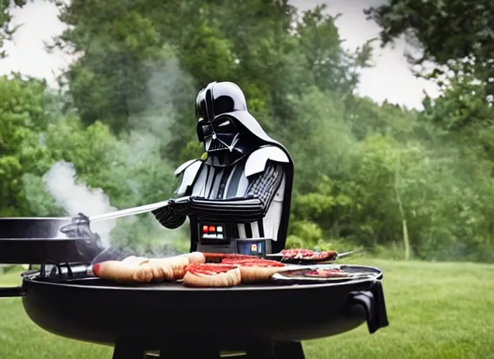 Image similar to film still of Darth Vader cooking on an outdoor grill in the new Star Wars movie, 4k