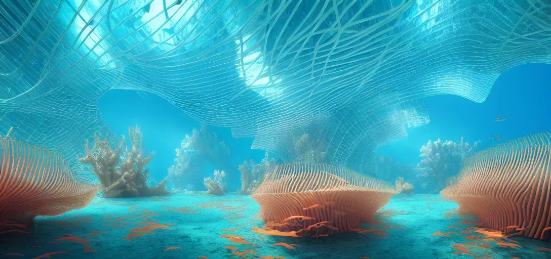 Image similar to solarpunk underwater coral shaped buildings by frank gehry and wlop, dystopian golden buildings by santiago calatrava and zaha hadid, underwater seascape, kelp forest flynn reef, light rays, sharp focus, big bubble waterfalls, colorful coral algaes forest, subsurface scattering, rule of thirds, redshift render