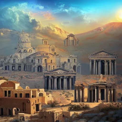 Prompt: Cinematic view approaching a detailed fantasy city with greek restored architecture from a searing desert; fantasy art