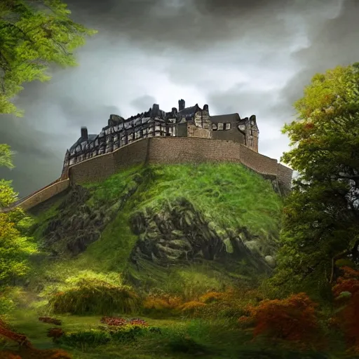 Image similar to a beautiful digital graphics design portrait of Edinburgh castle in Edinburgh. Edinburgh gardens overgrown with plants, caledonian forest, matte painting, fantasy art, highly detailed