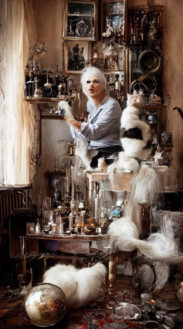 Image similar to full body protrait beautifull witch with white hair in old room. A cristal ball on a wood table with a potions and old instruments. A cat on the floor licking his paw. photorealistic, profesional photo, by Steve McCurry