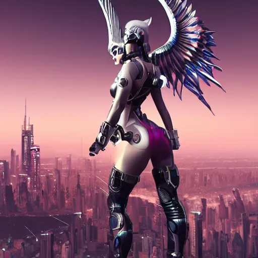 Image similar to cyberpunk valkyrie with pink metal wings, cityscape below, flying, high detail, sharp focus, silver cyber armor, rt by artgerm and greg rutkowski, artstation, unreal engine 5 render