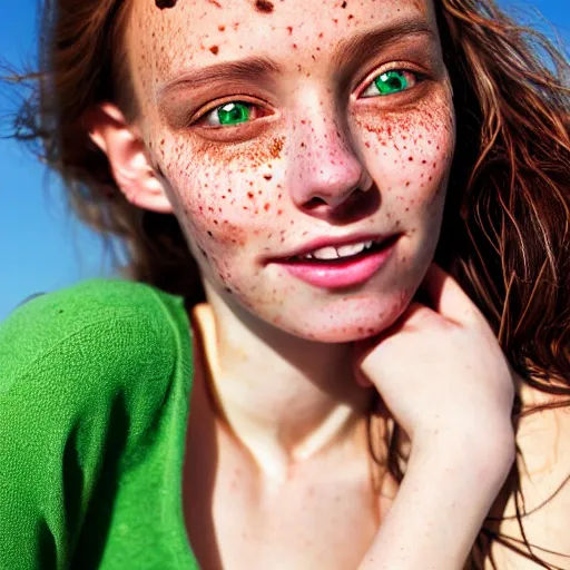 Image similar to portrait of a cute thin young woman, bronze brown hair, eye color is emerald green, red blush, cute freckles, smug smile, modern clothes, relaxing on the beach, golden hour, close up shot, 8 k, art by irakli nadar, hyperrealism, hyperdetailed, ultra realistic