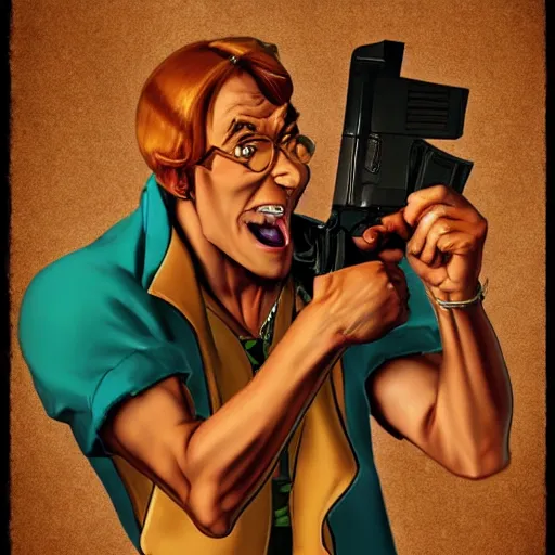 Image similar to Scooby Doo holding a gun, by norman rockwell, trending on artstation, highly detailed, 8k, beautiful, dynamic lighting, realistic fur