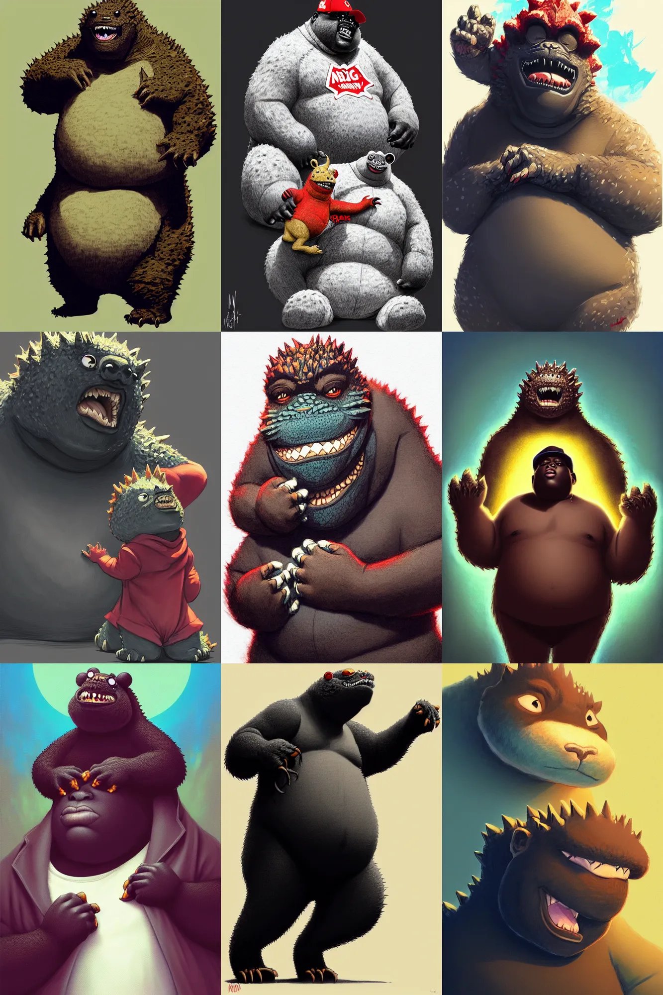 Prompt: the notorious b. i. g. as a cute cuddly godzilla, animation pixar style, shaded lighting poster by magali villeneuve, artgerm, jeremy lipkin and michael garmash, rob rey and kentaro miura style, trending on art station